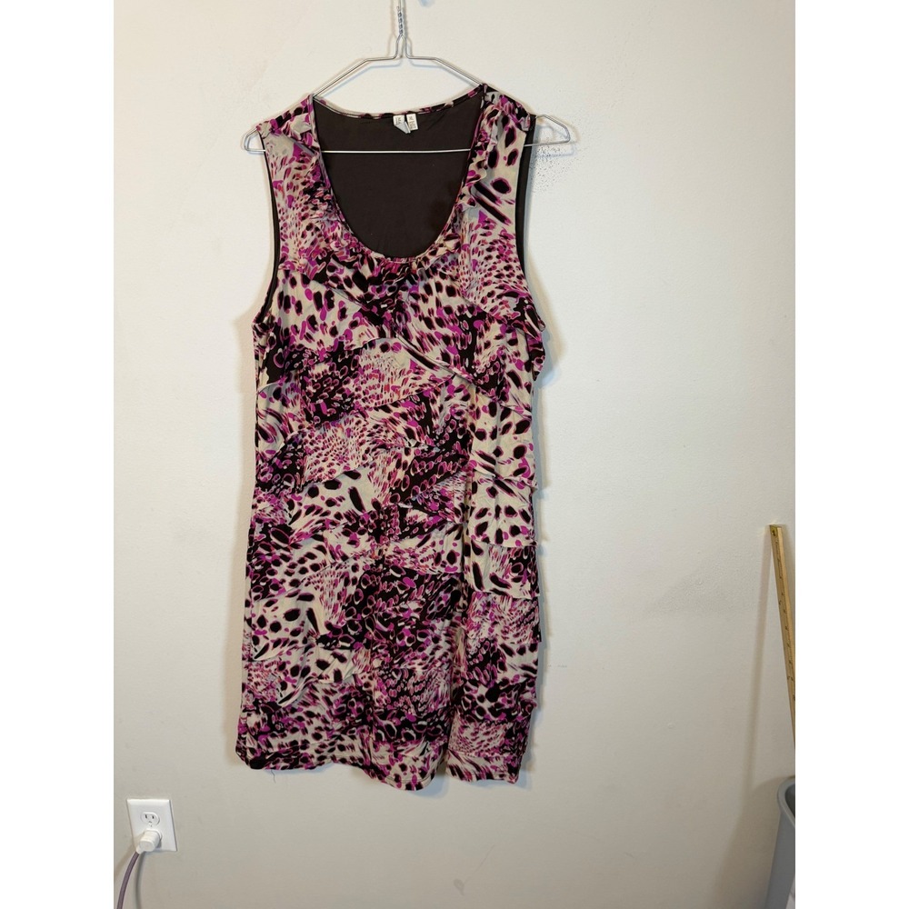 Madison Womens Sleeveless Tiered Mesh Animal Print Dress Pink XL
